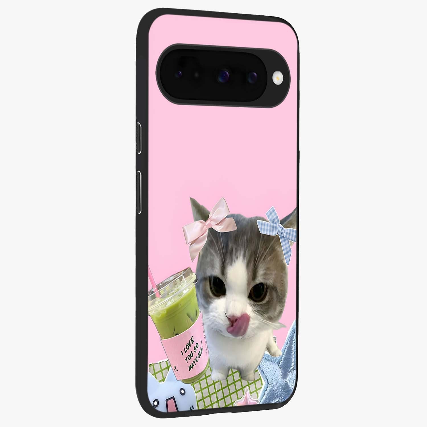 Love Matcha Cat Glass Case upright view showcasing adorable cat artwork with charming matcha themed design.