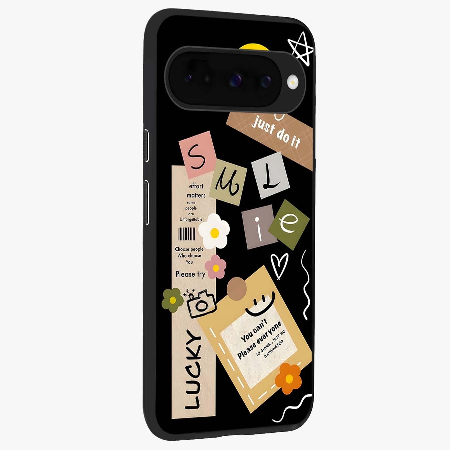 Lucky Aesthetic Collage Glass Case upright view showcasing vibrant collage artwork with youthful aesthetic theme.