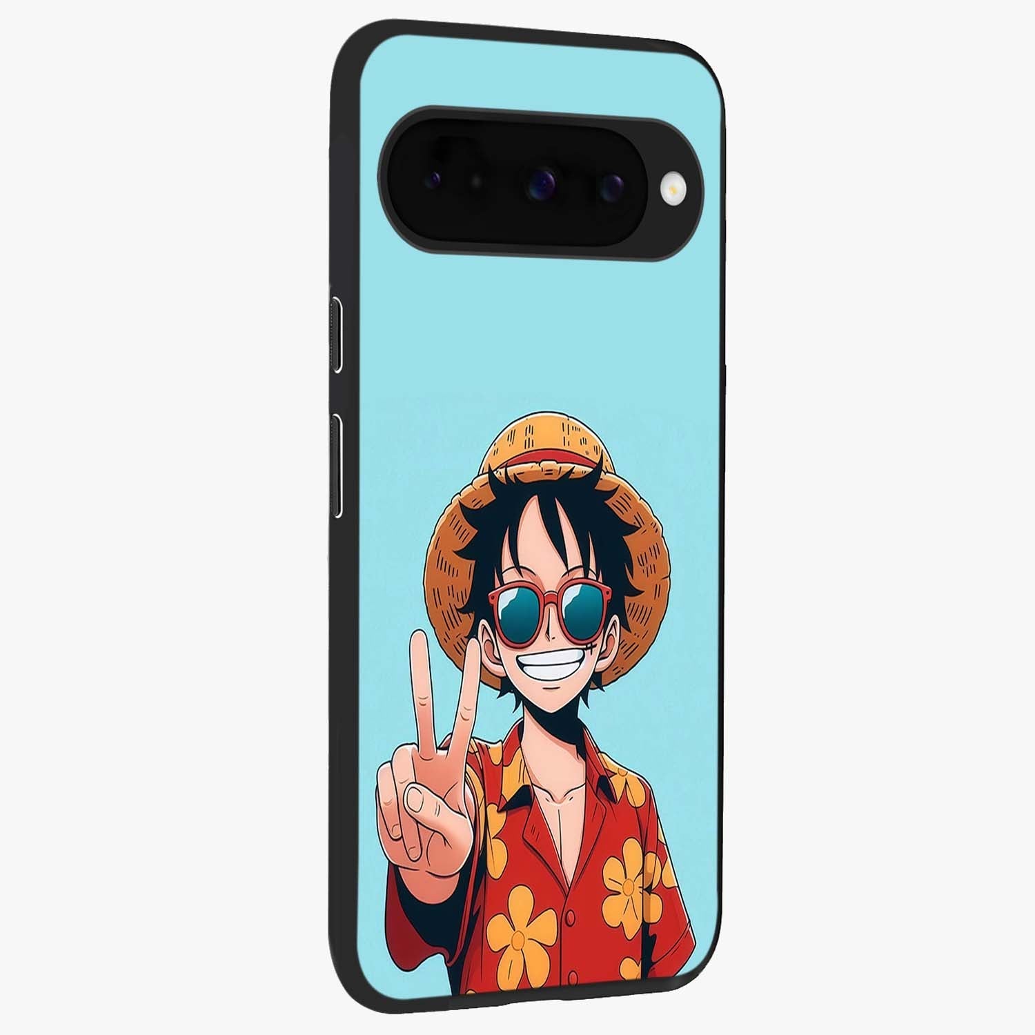 Luffy Summer Anime Vibe Glass Case upright view showcasing dynamic anime artwork with bright adventurous theme.