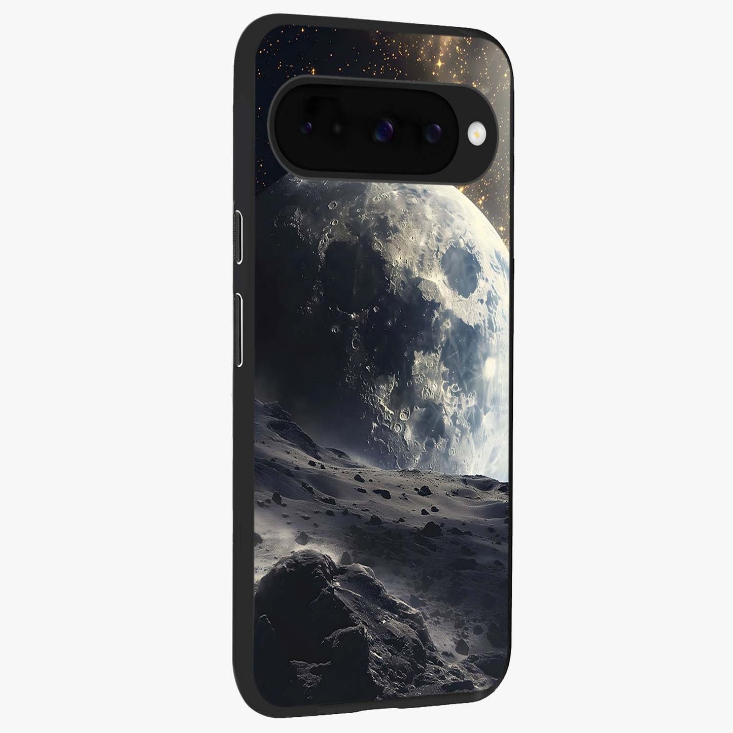 Lunar Horizon Glow Glass Case upright view showcasing radiant lunar artwork with calm cosmic theme.