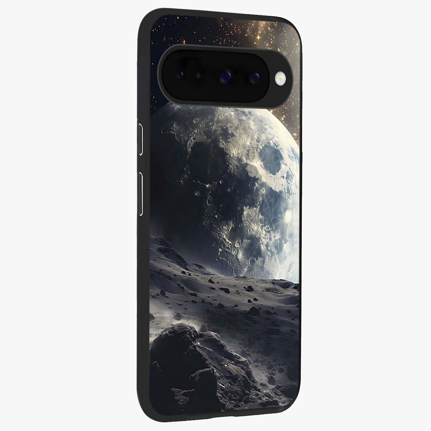 Lunar Horizon Glow Glass Case upright view showcasing radiant lunar artwork with calm cosmic theme.