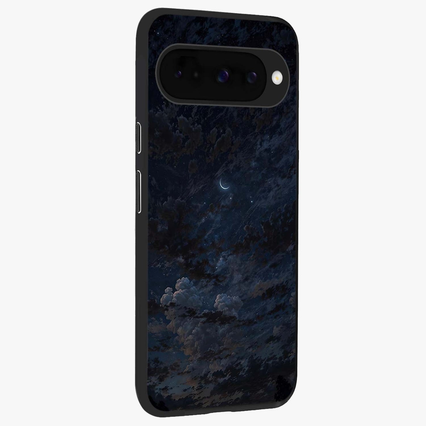 Lunar Veil Silence Glass Case upright view showcasing calm moon themed artwork with serene night atmosphere.