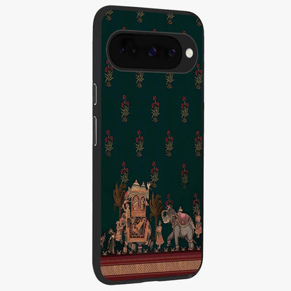 Macmerise Glass Case upright view showcasing bold artistic artwork with contemporary design theme.