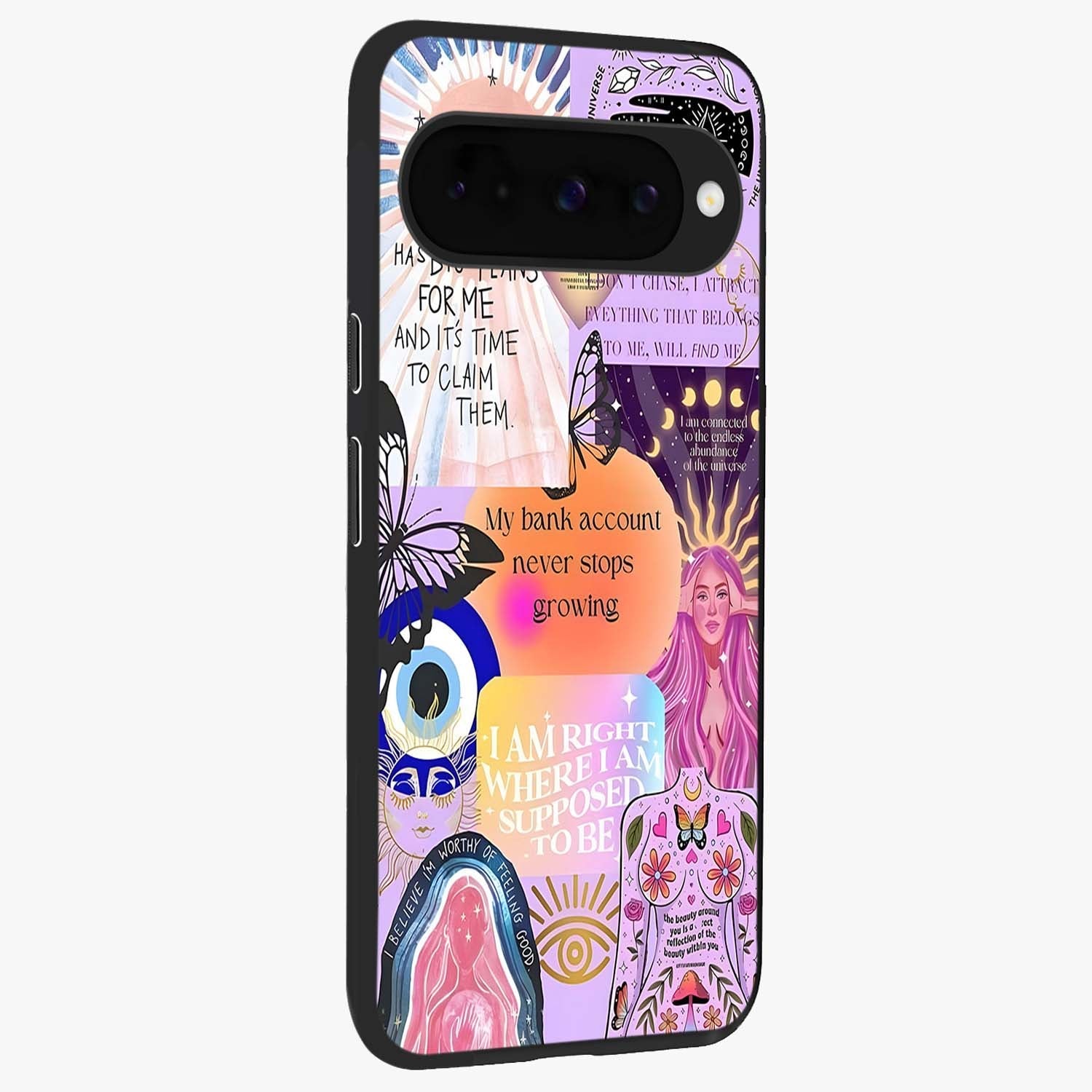 Manifestation Collage Glass Case upright view showcasing artistic manifestation themed artwork with creative style.