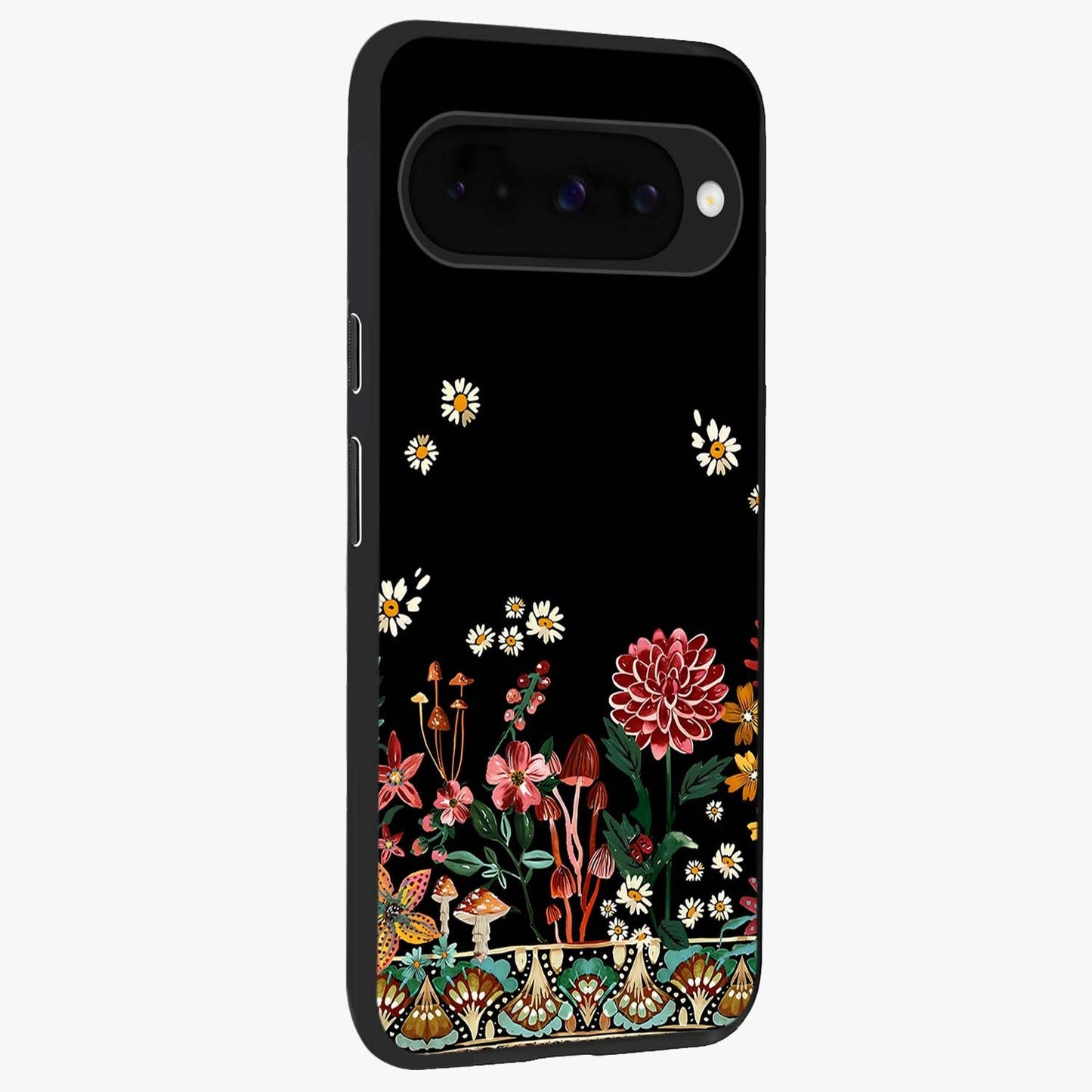 Midnight Bloom Pattern Glass Case upright view showcasing decorative floral artwork with deep night themed palette.