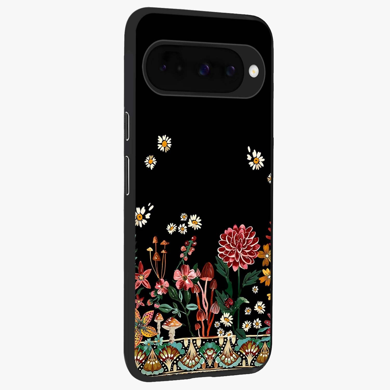 Midnight Bloom Pattern Glass Case upright view showcasing decorative floral artwork with deep night themed palette.