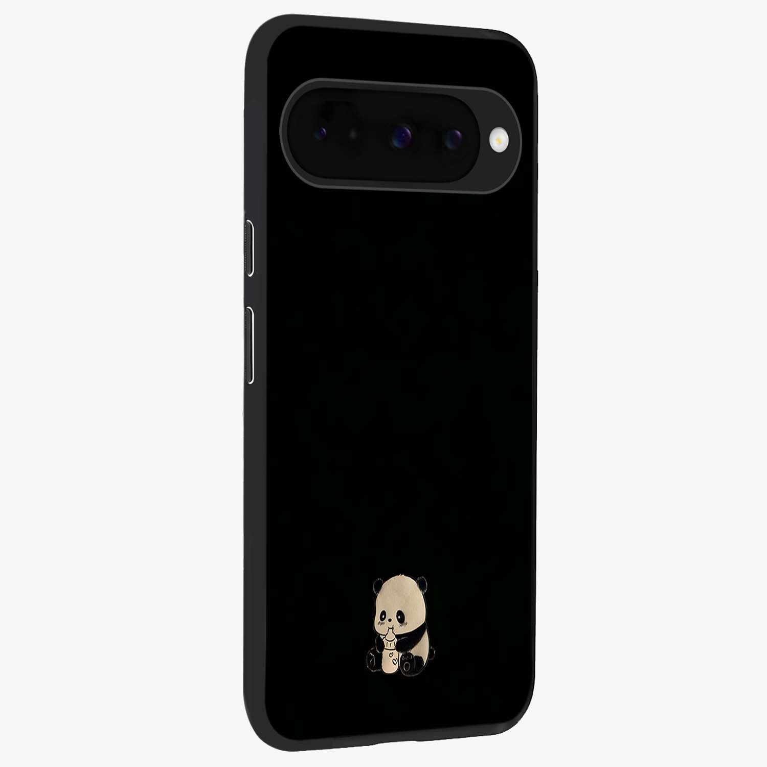 Midnight Panda Love Glass Case upright view showcasing charming panda artwork with playful romantic theme.