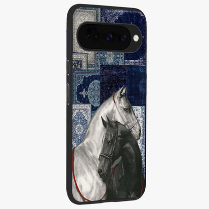 Midnight Stallion Blues Glass Case upright view showcasing dramatic horse artwork with bold artistic theme.