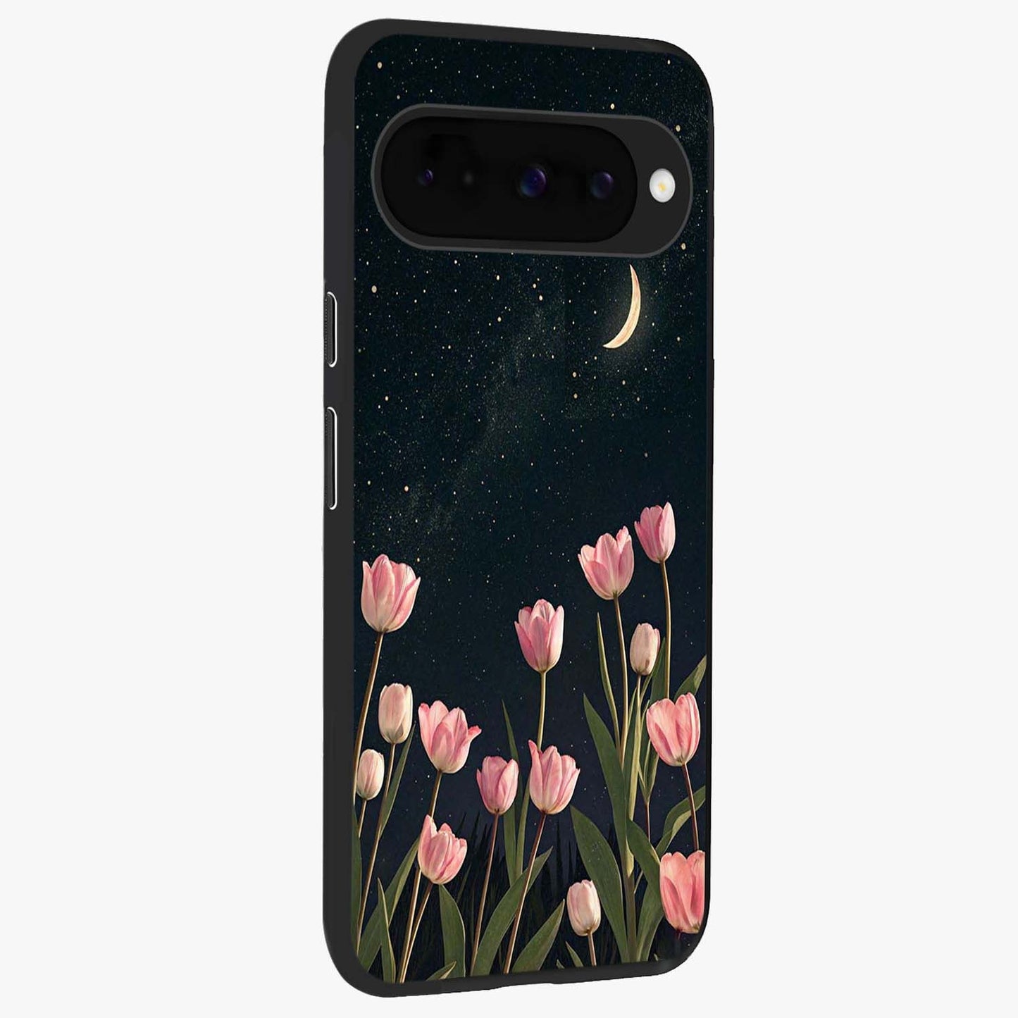Midnight Tulip Whispers Vibe Glass Case upright view showcasing graceful tulip artwork with calm botanical theme.