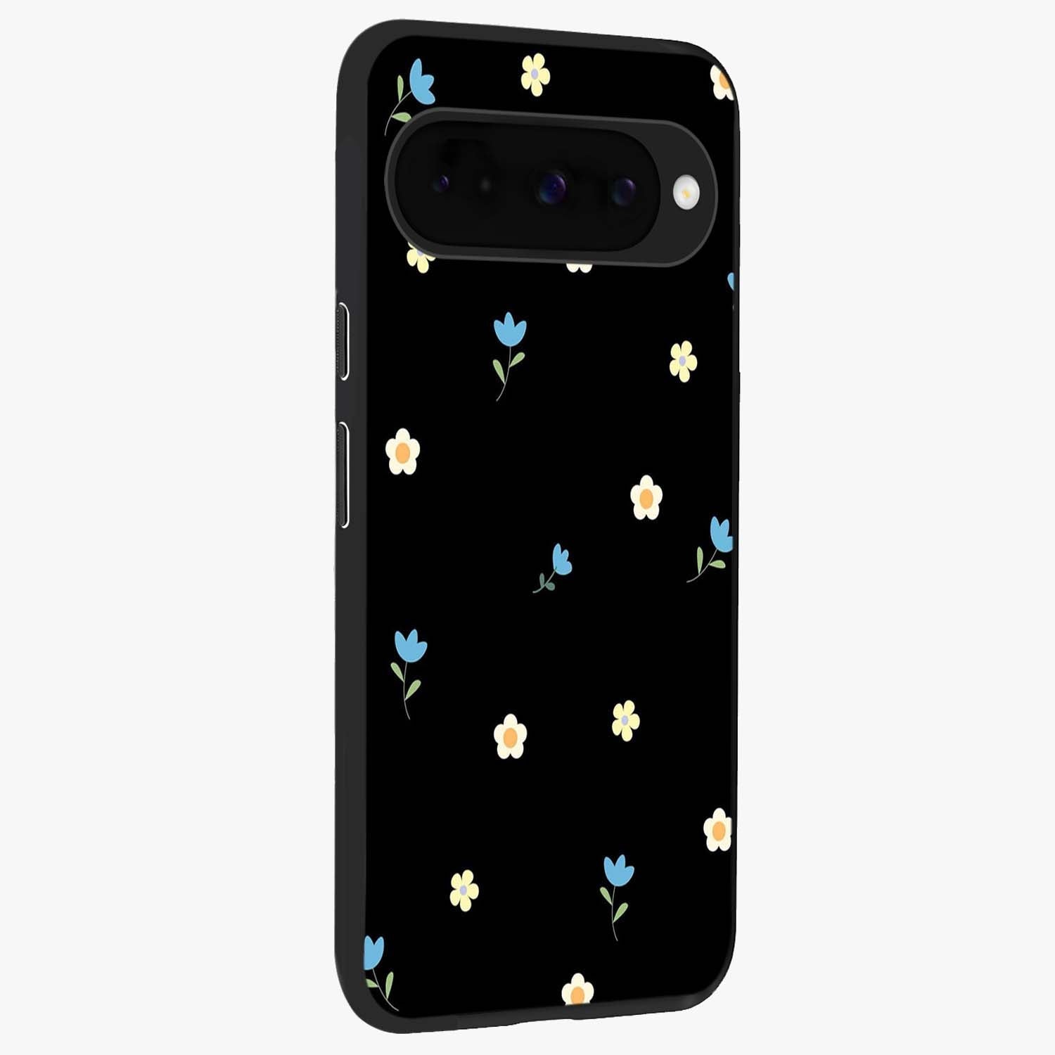 Minimal Petal Whispers Glass Case upright view showcasing elegant floral artwork with modern minimalist style.