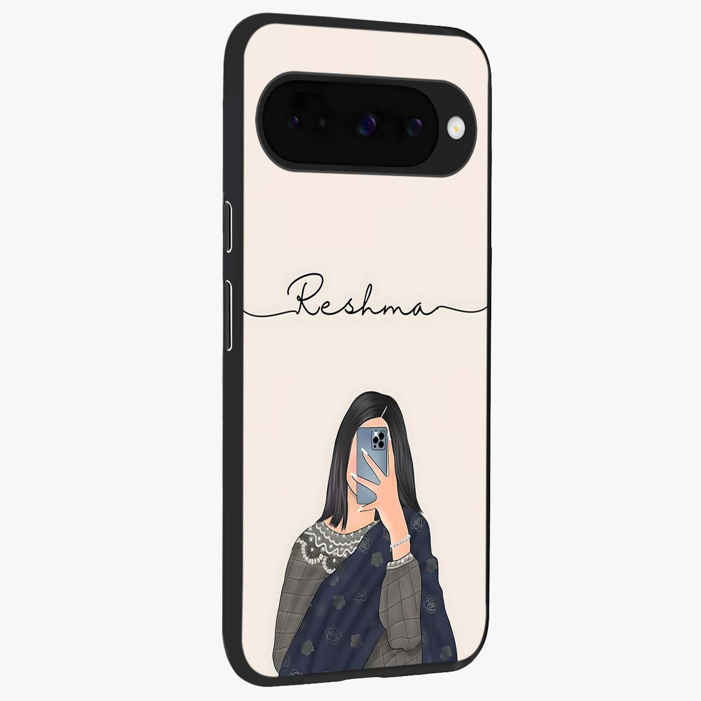 Mirror Mood Muse With Custom Name Glass Case upright view showcasing artistic mirror themed artwork with personalized aesthetic.