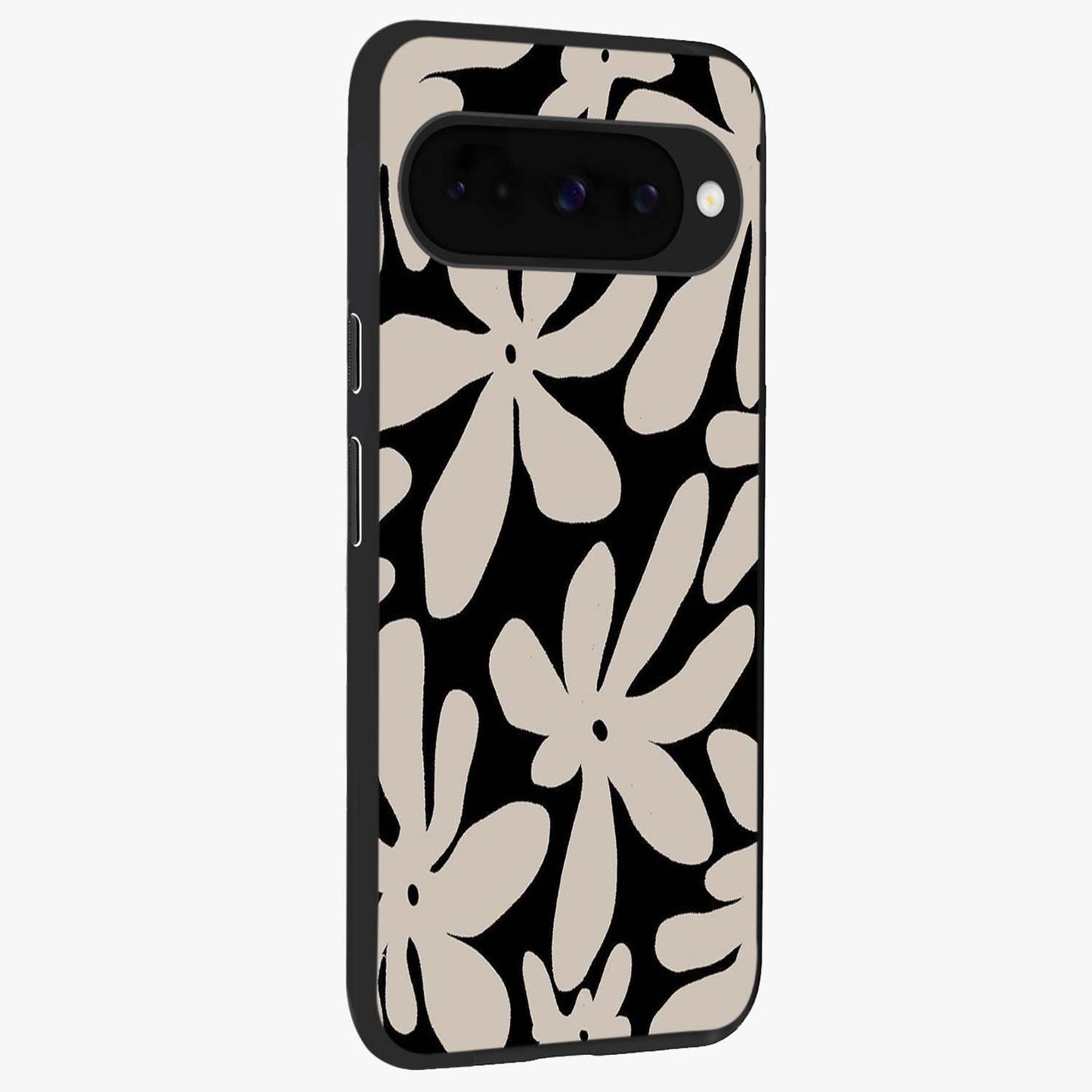 Monochrome Petal Dance Glass Case upright view showcasing artistic floral pattern with stylish monochrome theme.