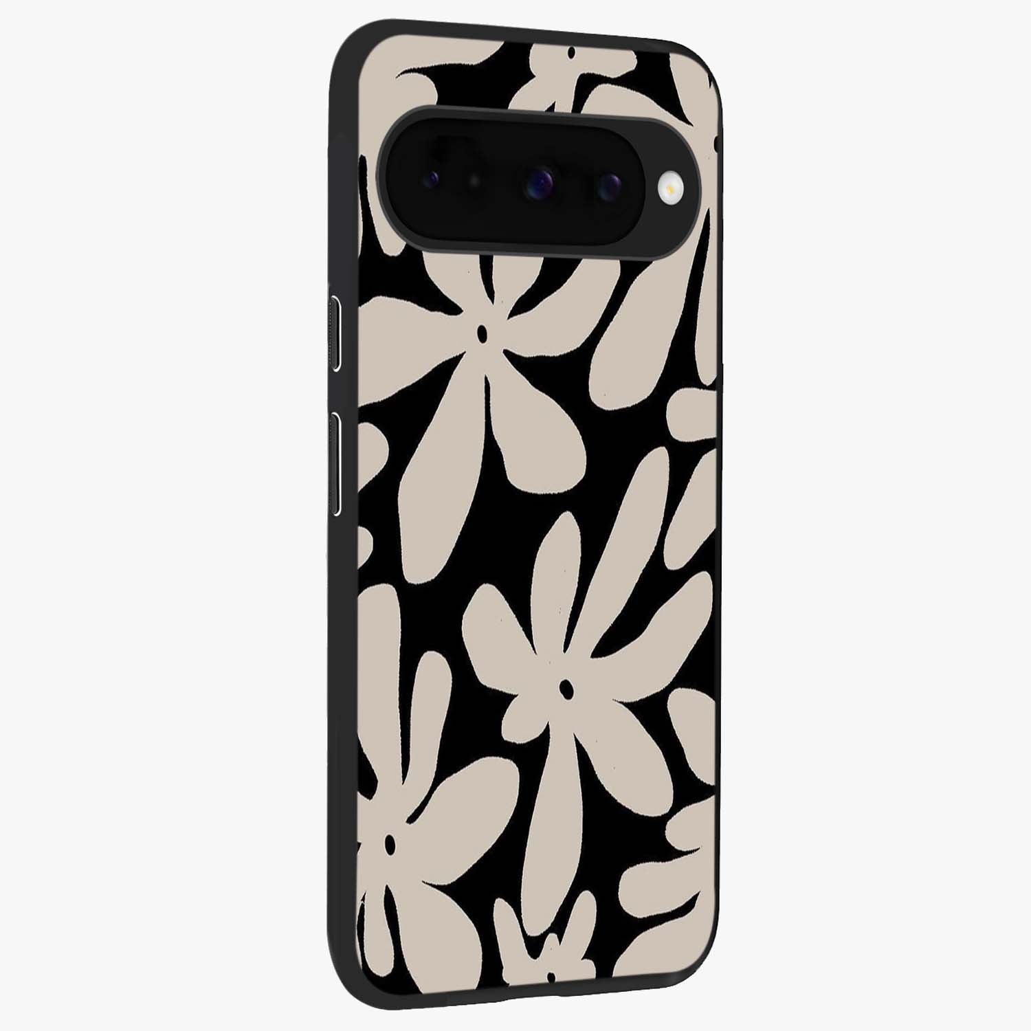 Monochrome Petal Dance Glass Case upright view showcasing artistic floral pattern with stylish monochrome theme.