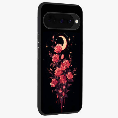 Moonlit Floral Elegance Glass Case upright view showcasing delicate floral artwork with refined night inspired theme.