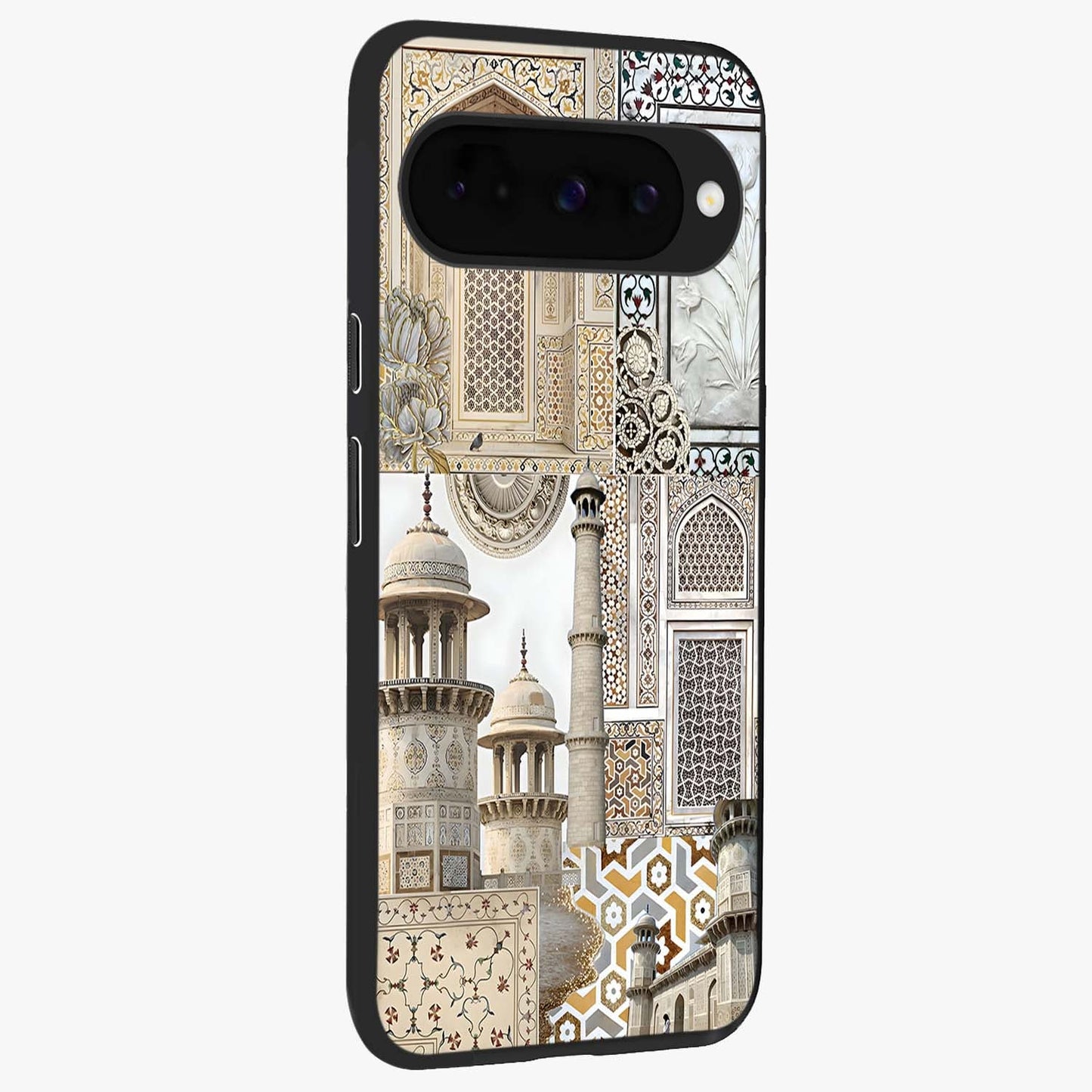 Mughal Marble Legacy Glass Case upright view showcasing ornate Mughal design with luxurious traditional theme.