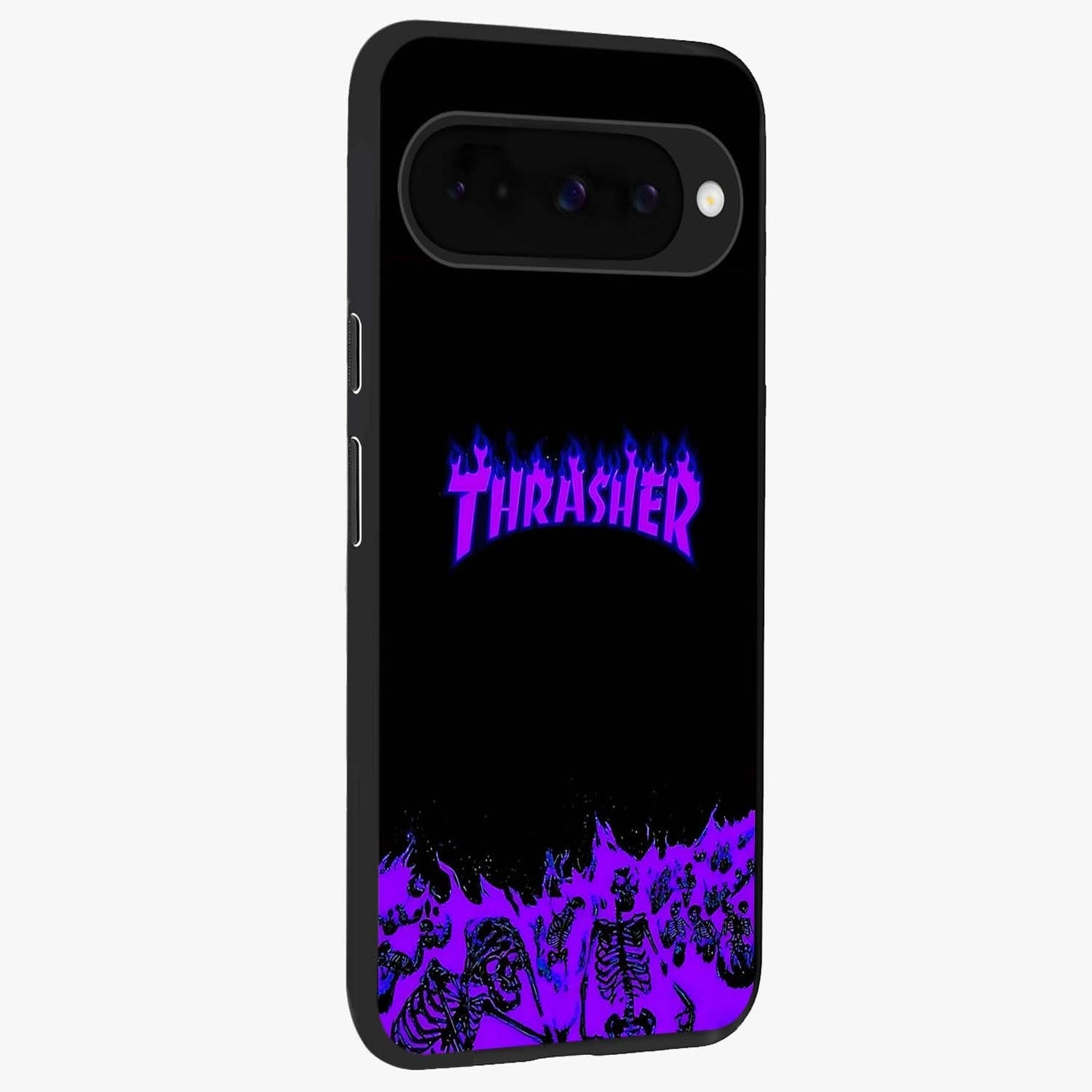 Neon Flame Riot Glass Case upright view showcasing dynamic flame artwork with energetic neon theme.