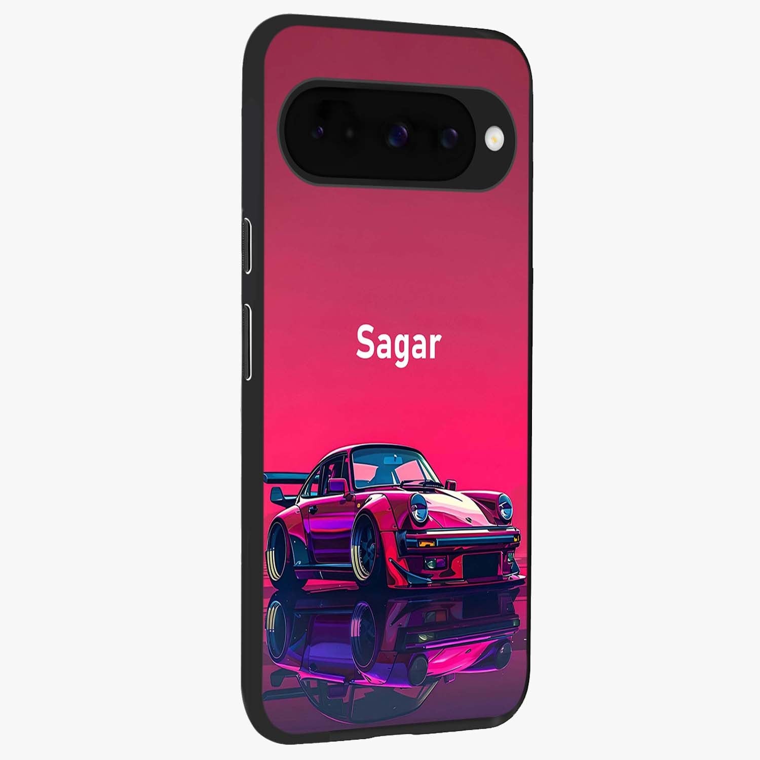 Neon Pink Porsche Glass Case upright view showcasing vibrant sports car artwork with bold automotive theme.