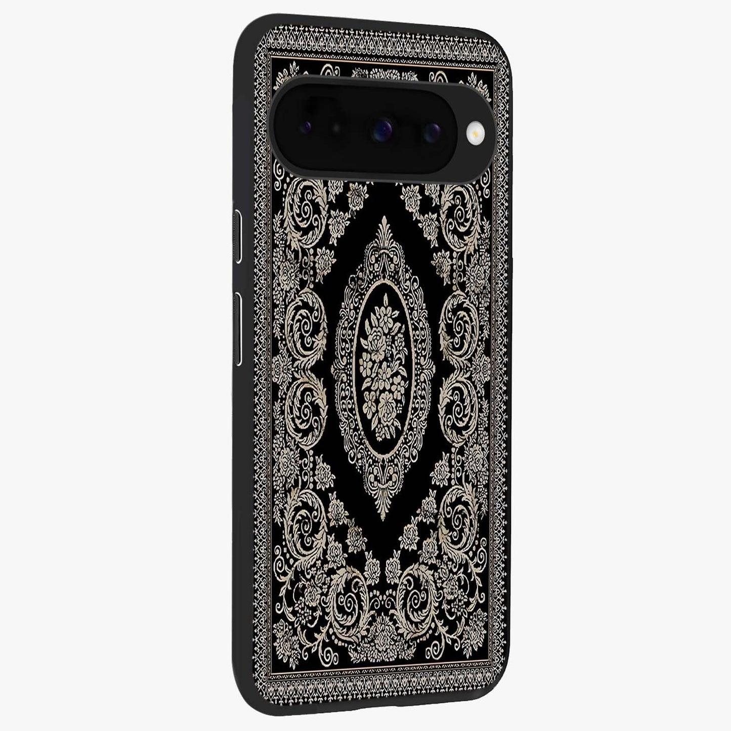 Noir Bloom Elegance Glass Case upright view showcasing graceful floral artwork with luxurious dark theme.