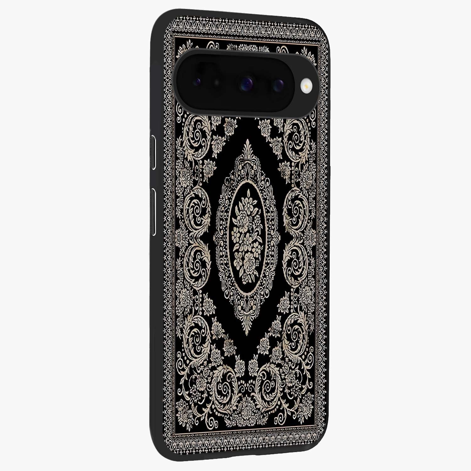 Noir Bloom Elegance Glass Case upright view showcasing graceful floral artwork with luxurious dark theme.