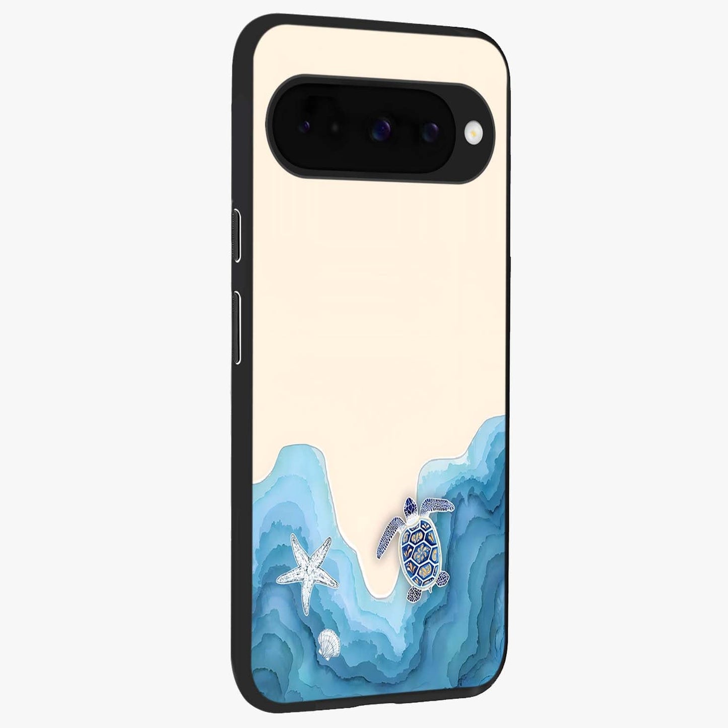Ocean Drift Turtle Glass Case upright view showcasing calm underwater turtle artwork with nature inspired theme.