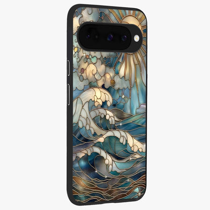 Oceanic Stained Printed Glass Case upright view showcasing decorative ocean pattern artwork with vibrant marine theme.