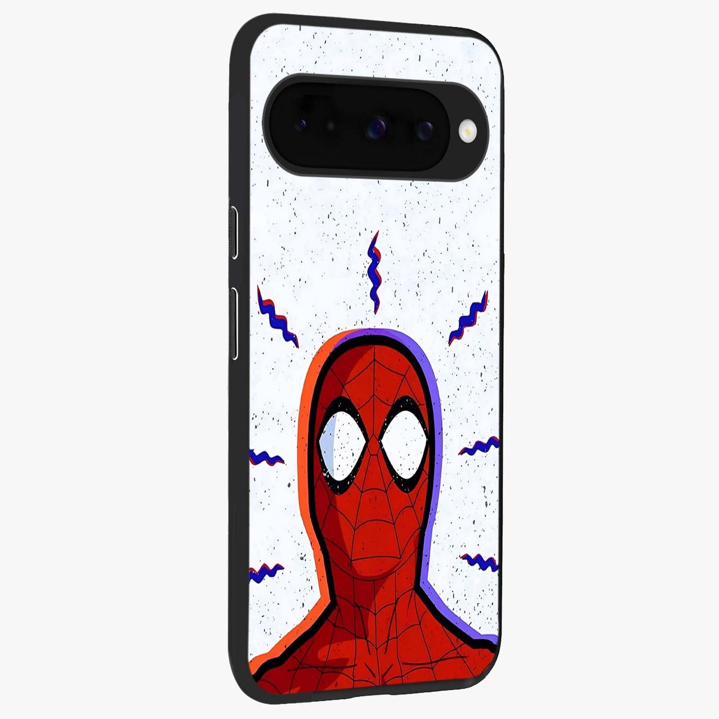 Omg Spiderman Glass Case upright view showcasing energetic superhero artwork with vibrant comic theme.