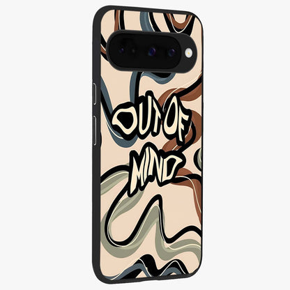 Out Of Mind Glass Case upright view showcasing striking typography artwork with edgy conceptual theme.
