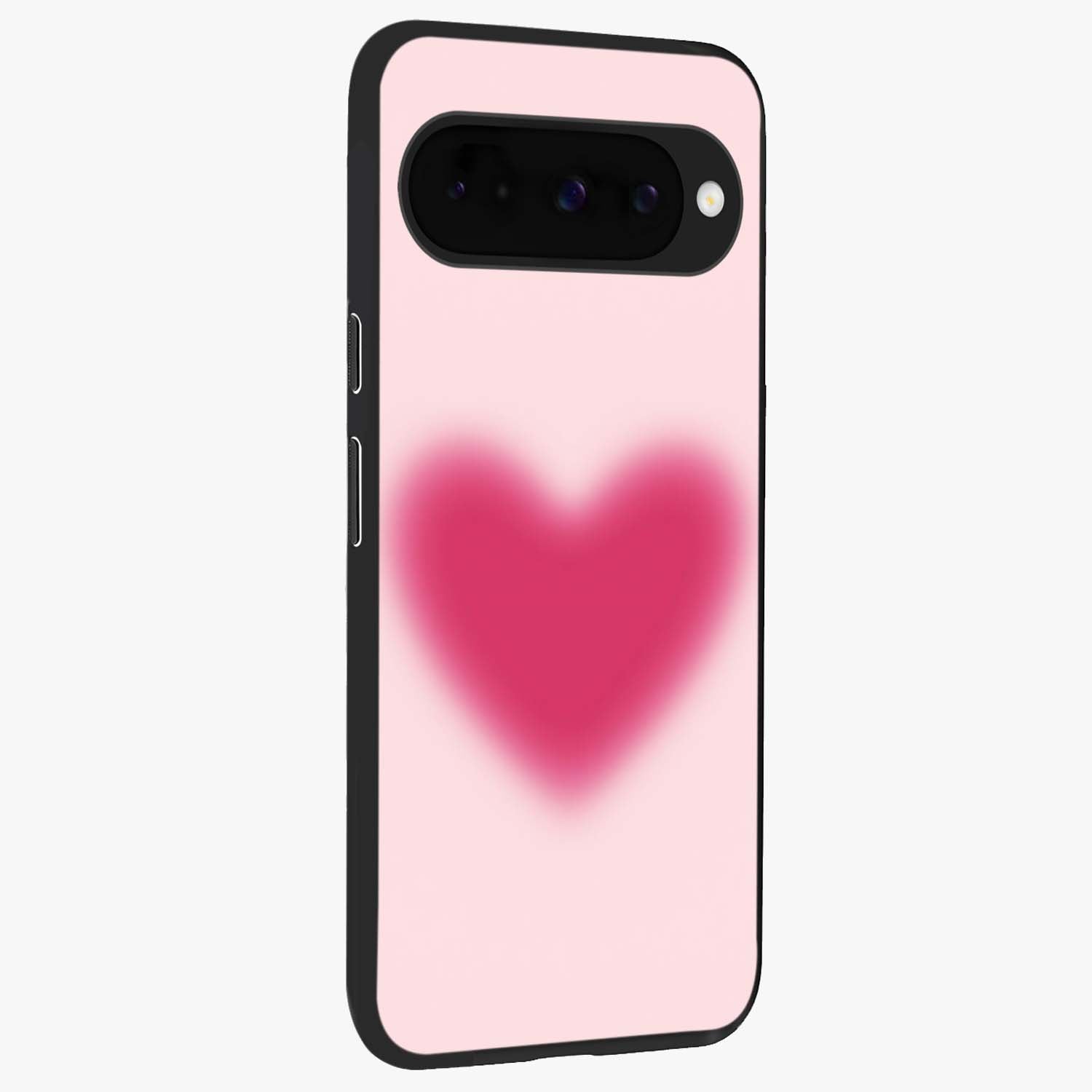 Pink Aura Heart Glass Case upright view showcasing romantic heart artwork with soft pastel theme.