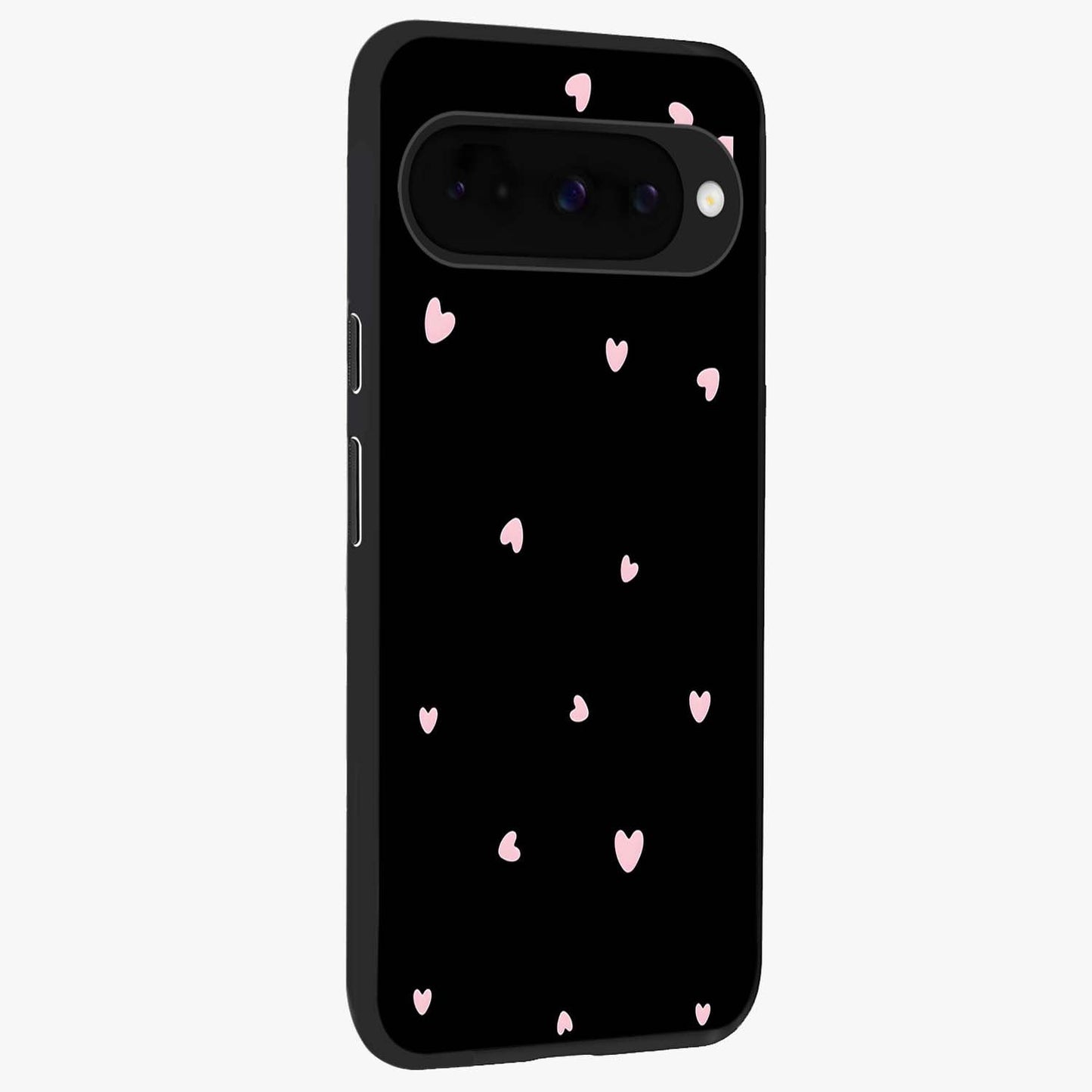 Pink Love Drops Glass Case upright view showcasing charming heart drop artwork with romantic playful theme.