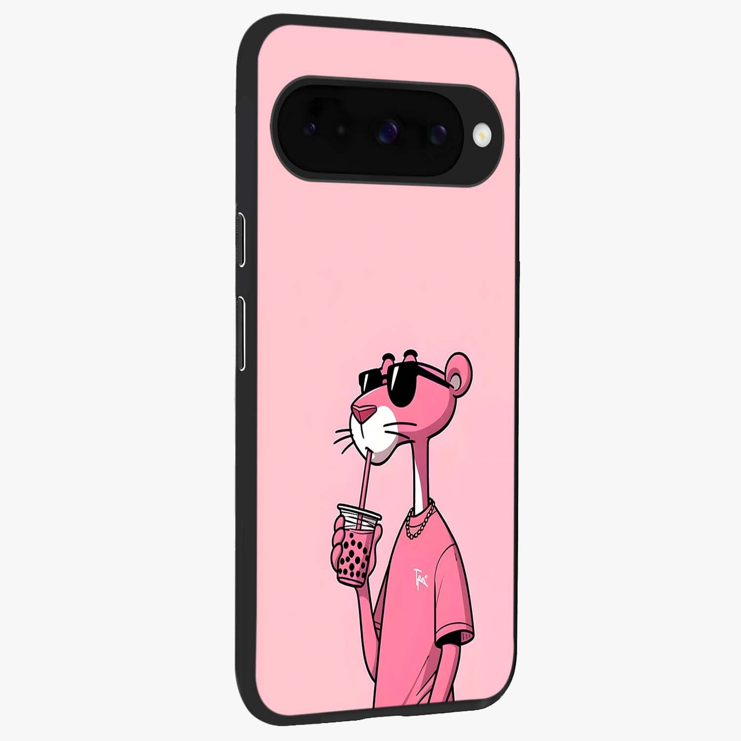 Pink Panther Glass Case upright view showcasing fun animated artwork with stylish retro cartoon theme.