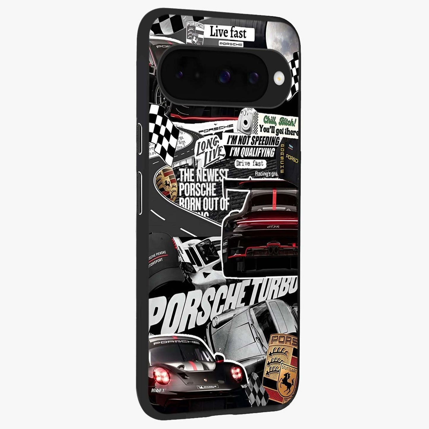 Porsche Racing Collage Glass Case upright view showcasing energetic car collage artwork with high speed racing theme.