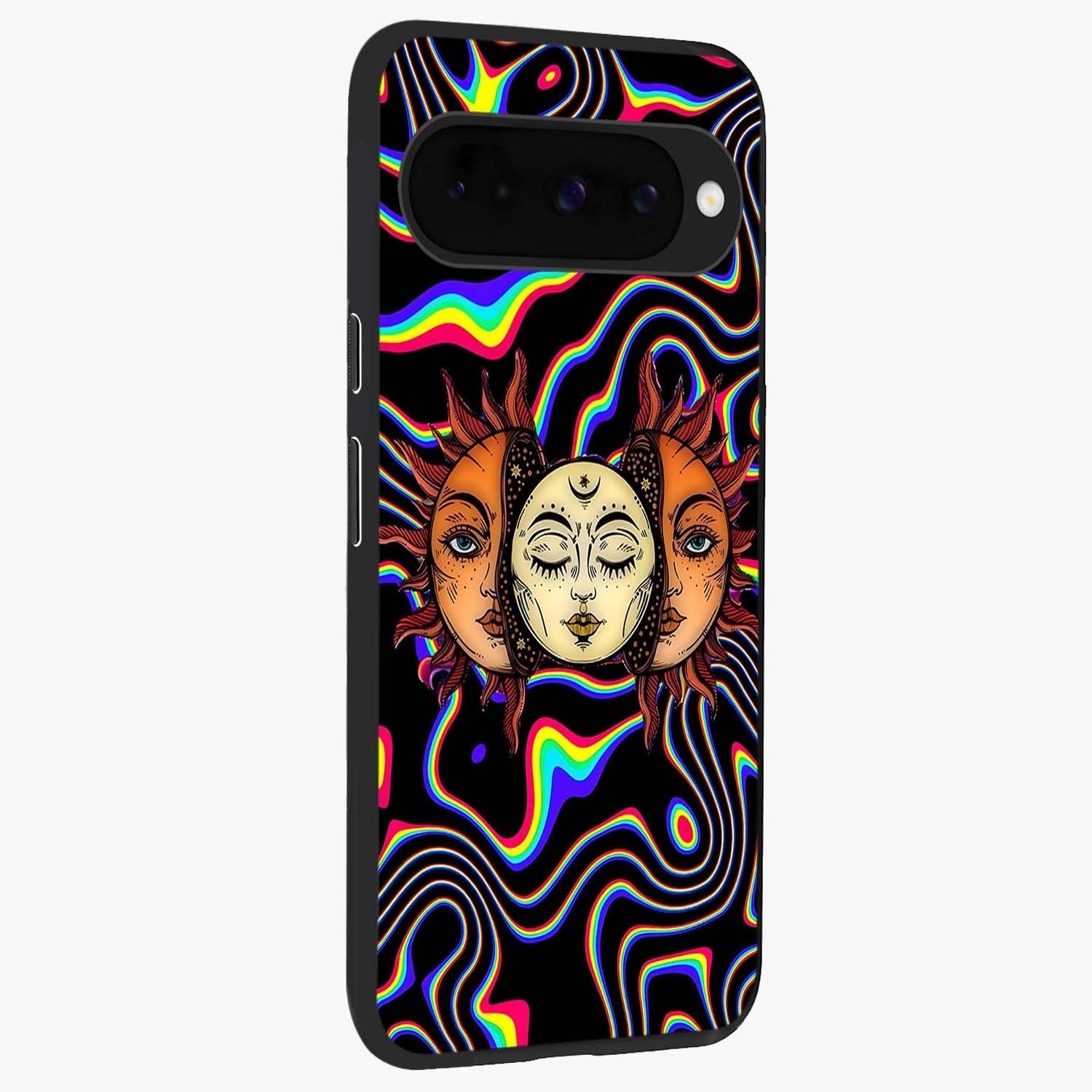 Psychedelic Sun Glass Case upright view showcasing trippy sun artwork with bold psychedelic theme.