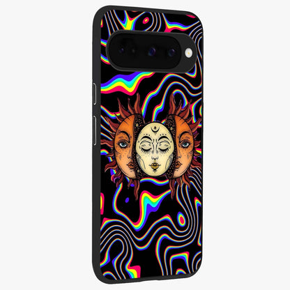 Psychedelic Sun Glass Case upright view showcasing trippy sun artwork with bold psychedelic theme.