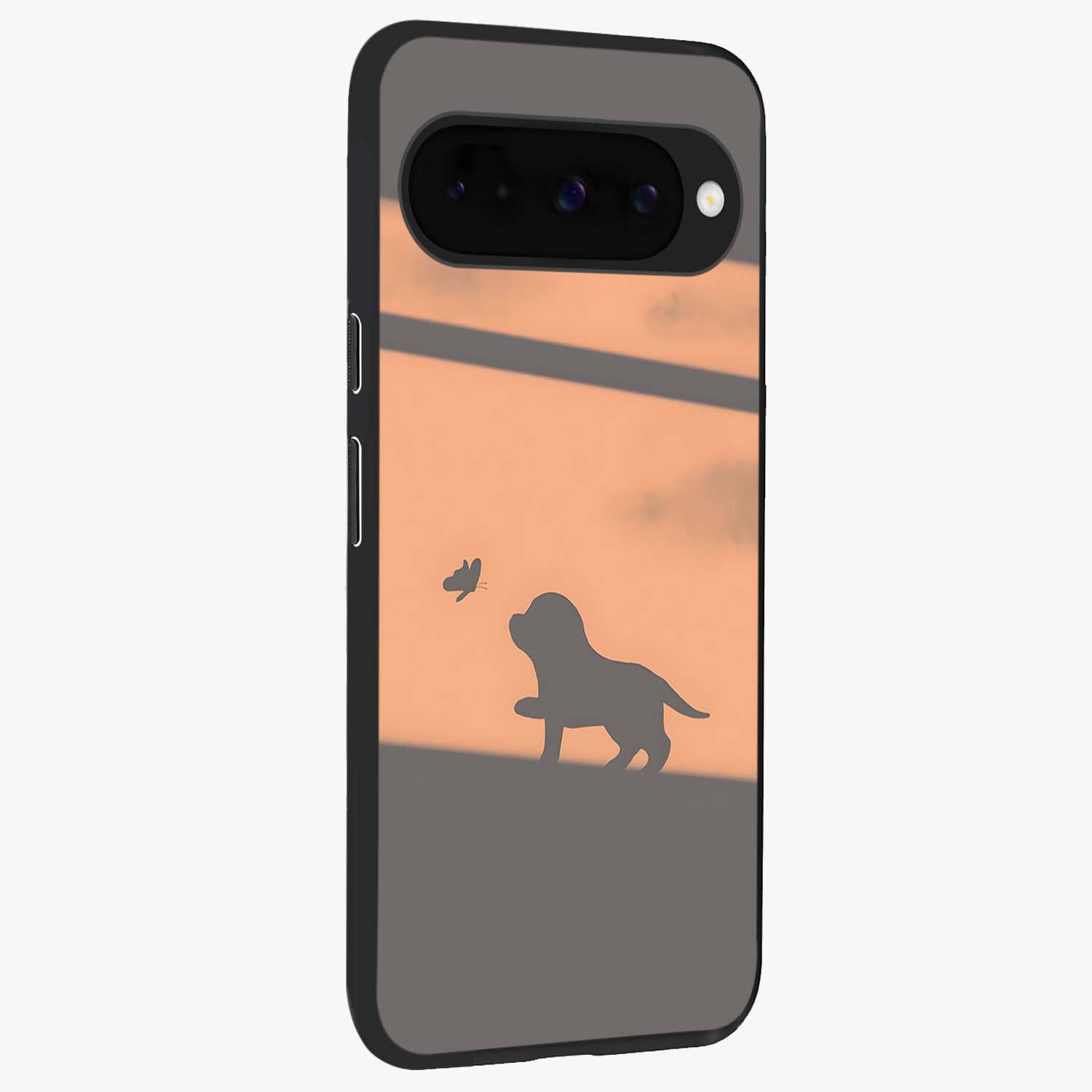 Puppy Shadow Art Glass Case upright view showcasing charming puppy artwork with creative silhouette theme.