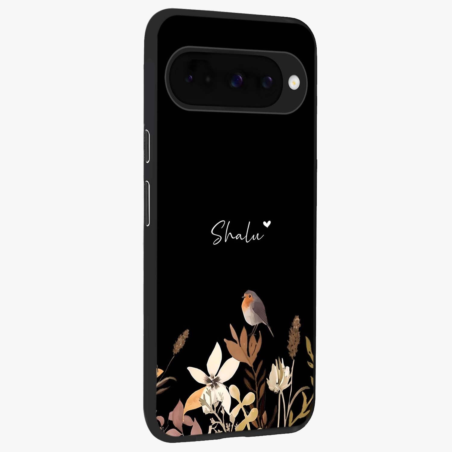 Quiet Garden Tune Custom Name Glass Case upright view showcasing serene botanical artwork with personalized aesthetic.
