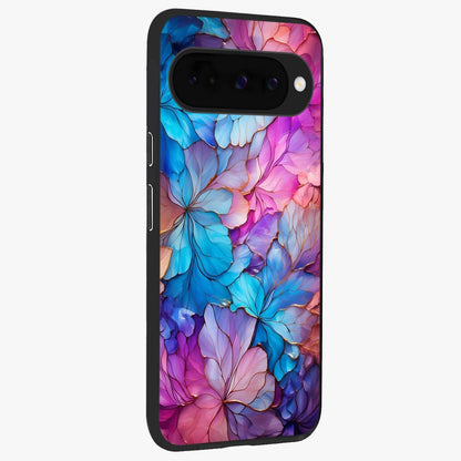 Radiant Floral Whirl Glass Case upright view showcasing lively floral artwork with decorative swirl theme.