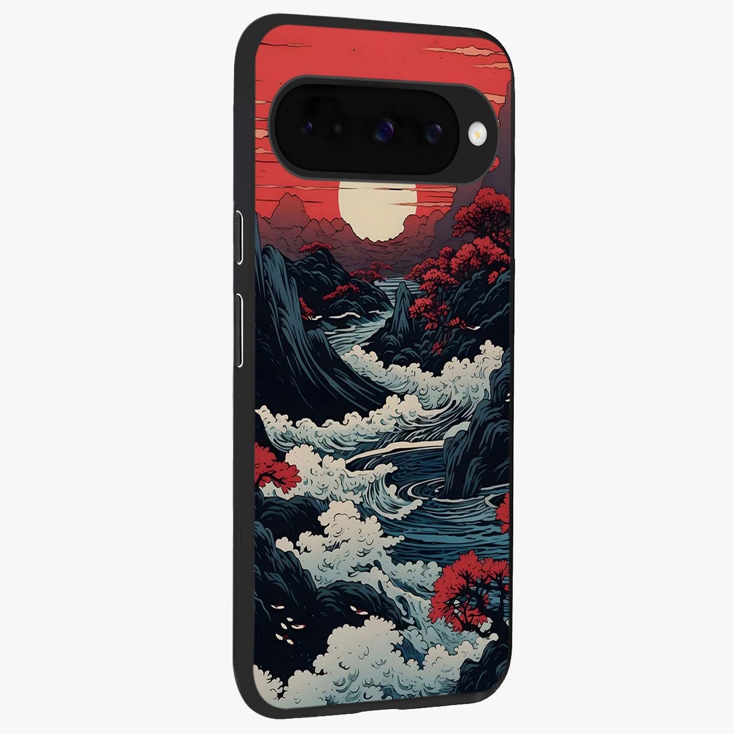 Red Sunset Scenery Glass Case upright view showcasing dramatic sunset scenery artwork with warm nature theme.