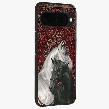 Regal Stallion Tapestry Glass Case upright view showcasing powerful horse artwork with elegant tapestry theme.