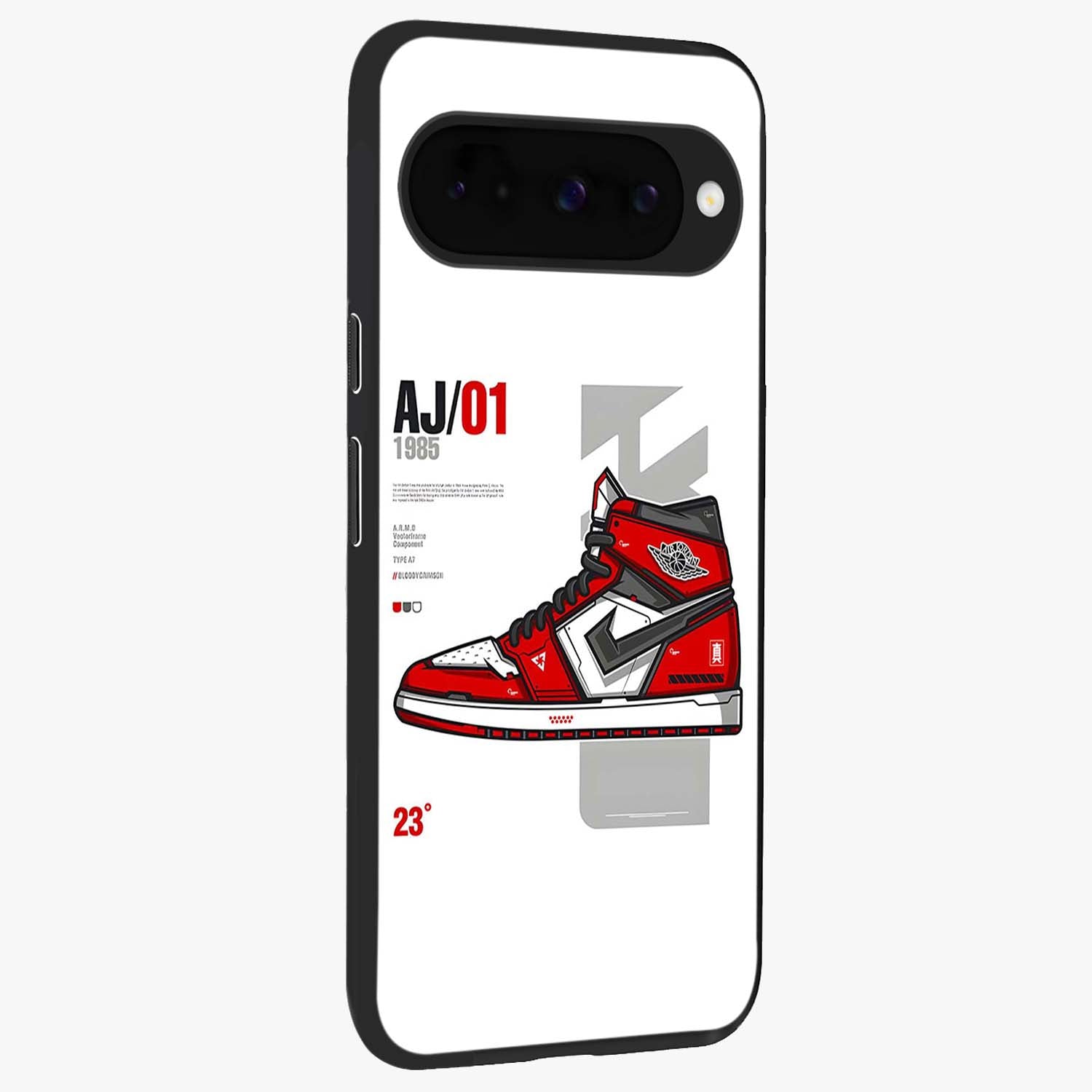 Retro Sneaker Blueprint Glass Case upright view showcasing stylish sneaker illustration with vintage streetwear theme.