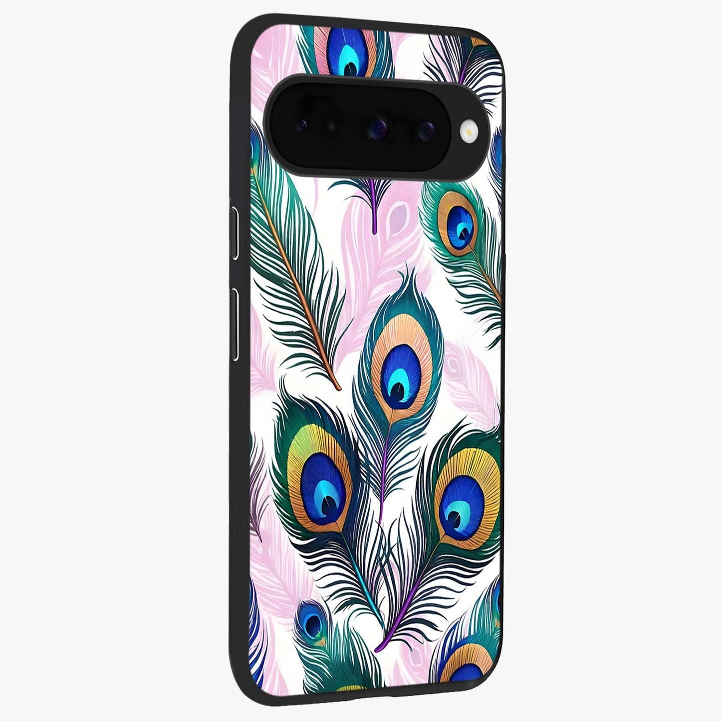 Royal Peacock Feathers Glass Case upright view showcasing elegant peacock feather artwork with decorative royal theme.