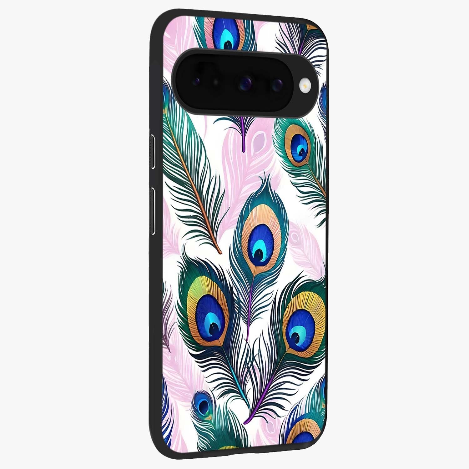 Royal Peacock Feathers Glass Case upright view showcasing elegant peacock feather artwork with decorative royal theme.