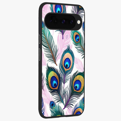 Royal Peacock Feathers Glass Case upright view showcasing elegant peacock feather artwork with decorative royal theme.