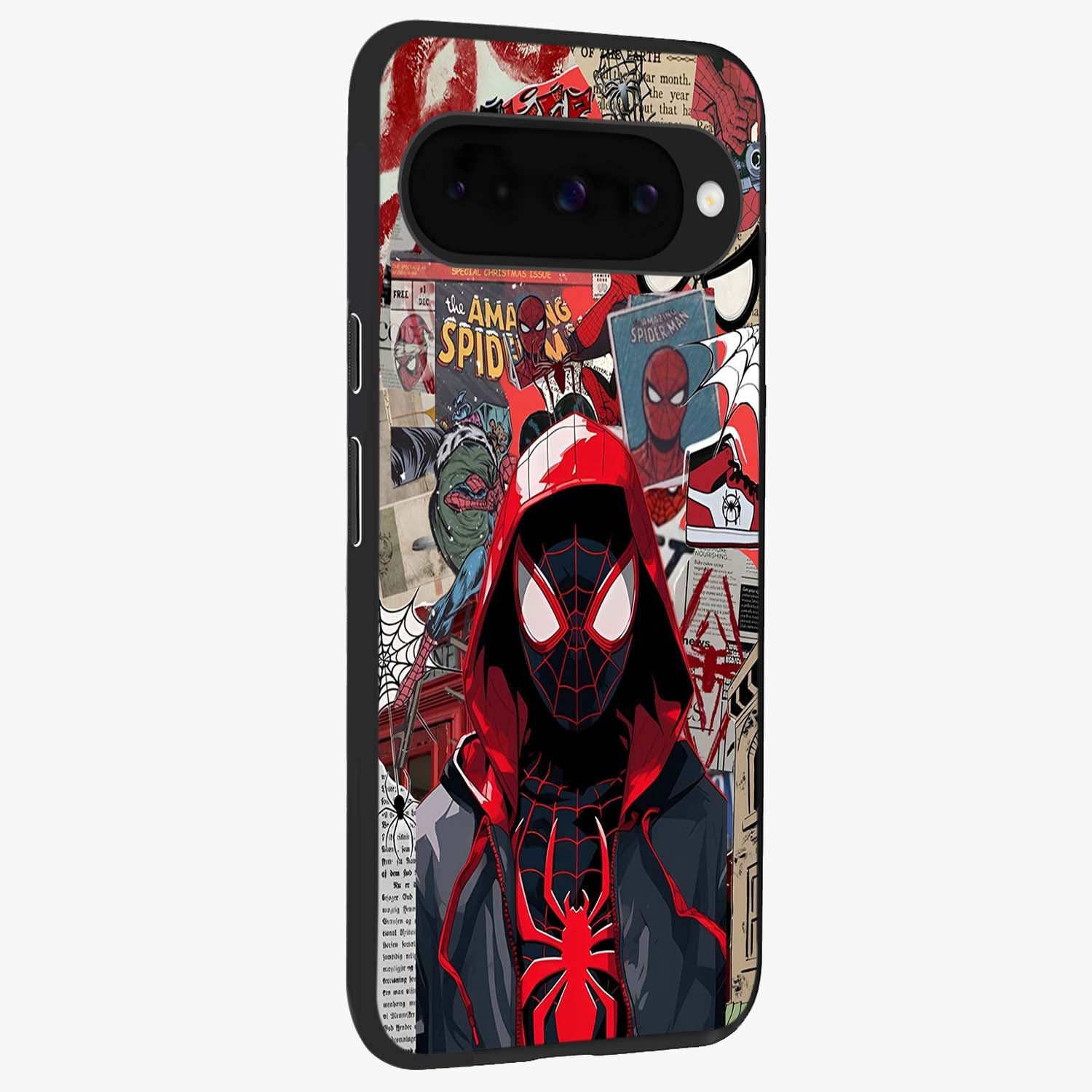 Spider Collage Street Glass Case upright view showcasing bold superhero artwork with urban street theme.