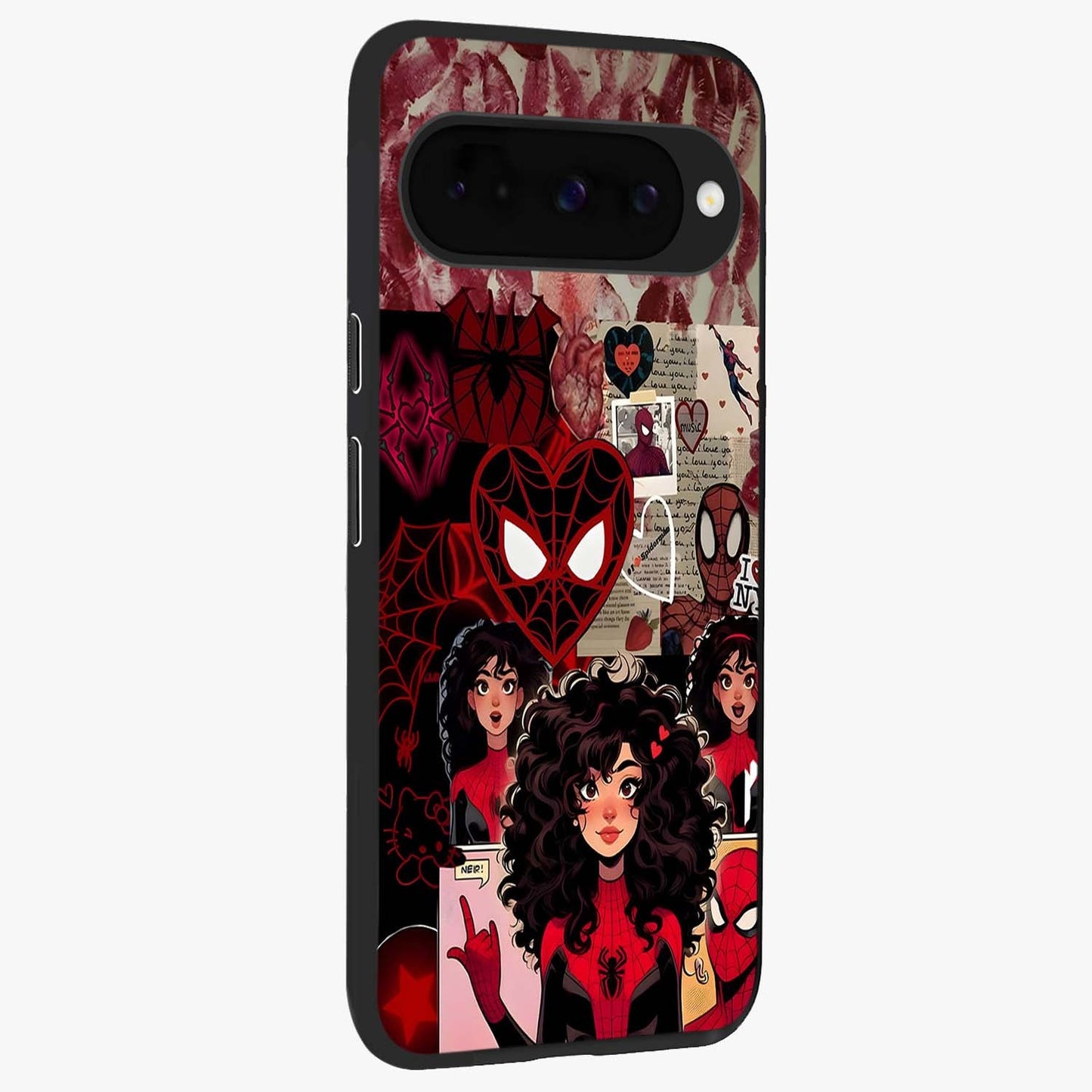 Spider Love Story Glass Case upright view showcasing charming superhero artwork with romantic comic theme.