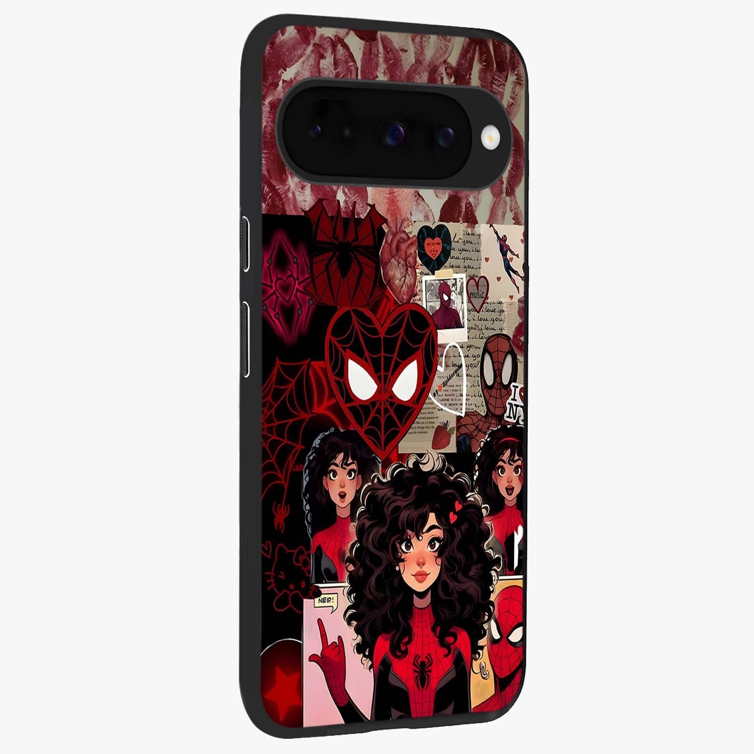 Spider Love Story Glass Case upright view showcasing charming superhero artwork with romantic comic theme.