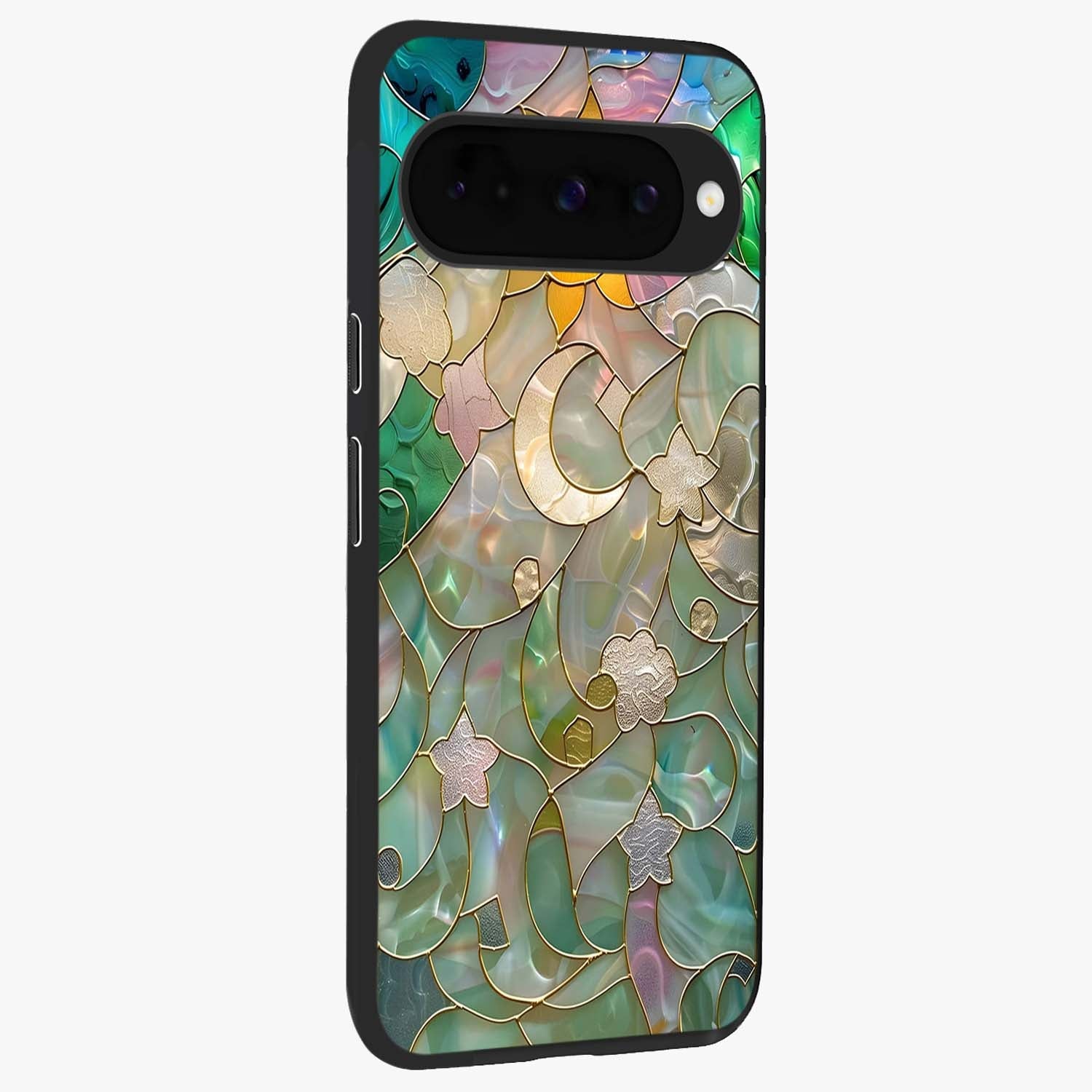 Stained Sunrise Glow Glass Case upright view showcasing colorful sunrise artwork with warm morning theme.
