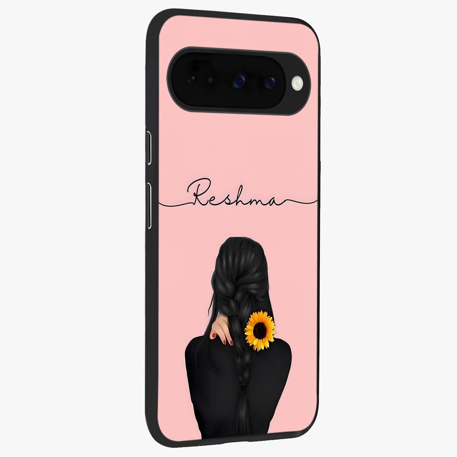 Sunflower Braid Beauty With Custom Name Glass Case upright view showcasing bright sunflower artwork with personalized floral aesthetic.