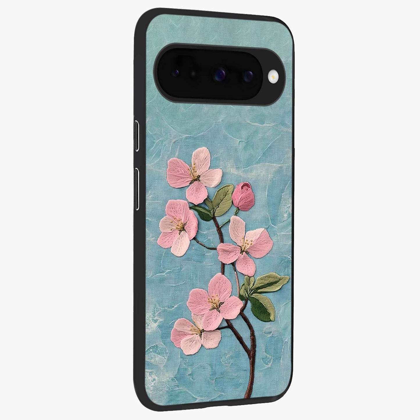 Threaded Blossom Breeze Glass Case upright view showcasing graceful flower artwork with calm botanical theme.