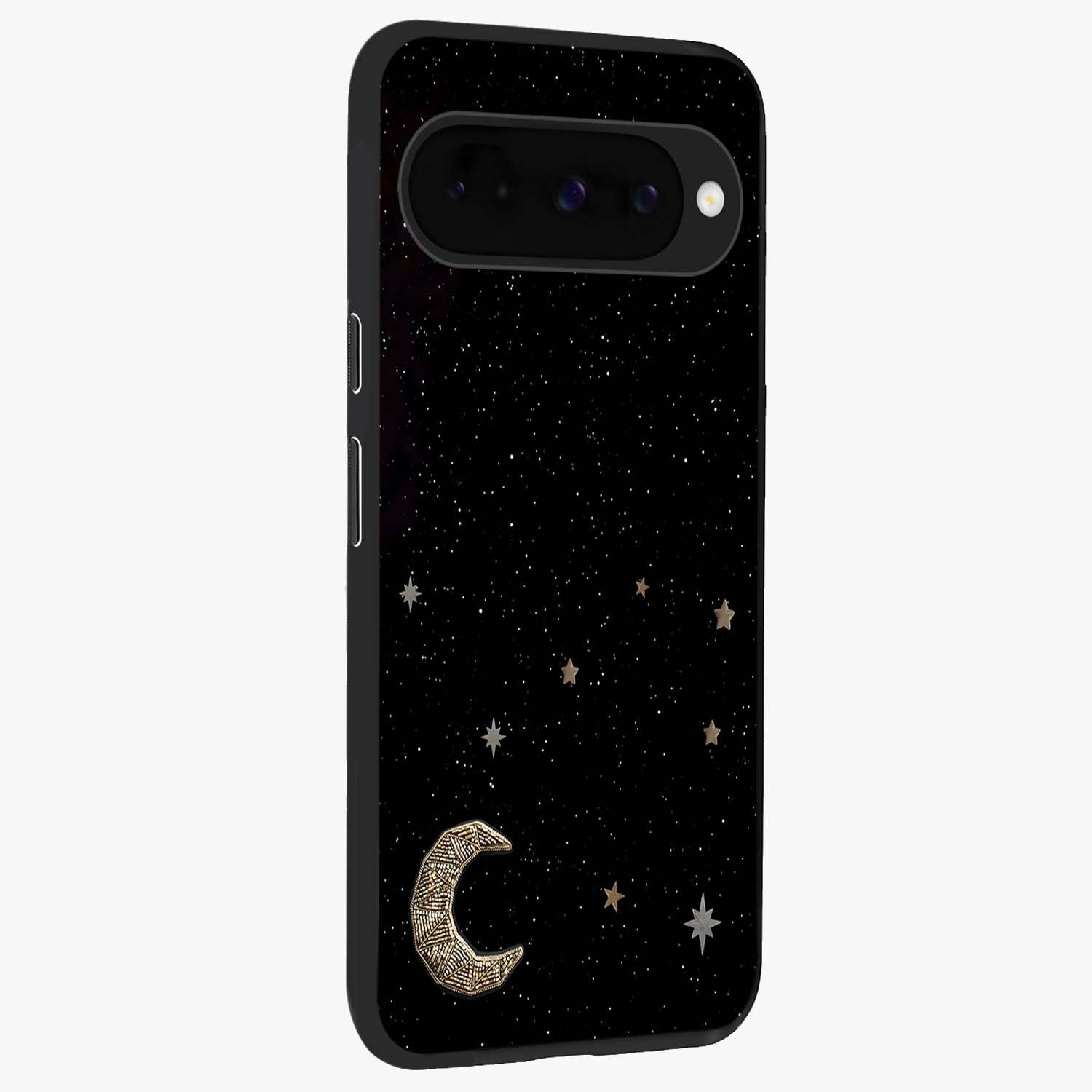 Twinkle Star With Half Moon Glass Case upright view showcasing glowing cosmic artwork with dreamy night theme.
