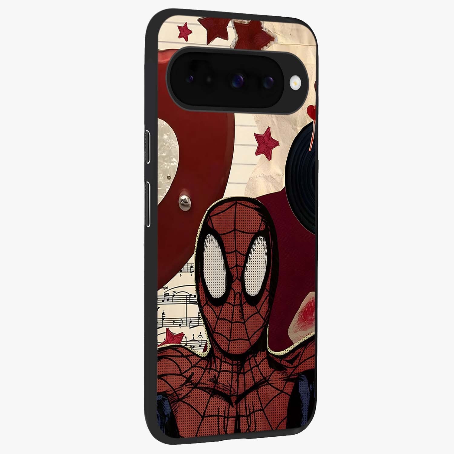 Web Warrior Vibes Glass Case upright view showcasing energetic superhero artwork with bold action theme.